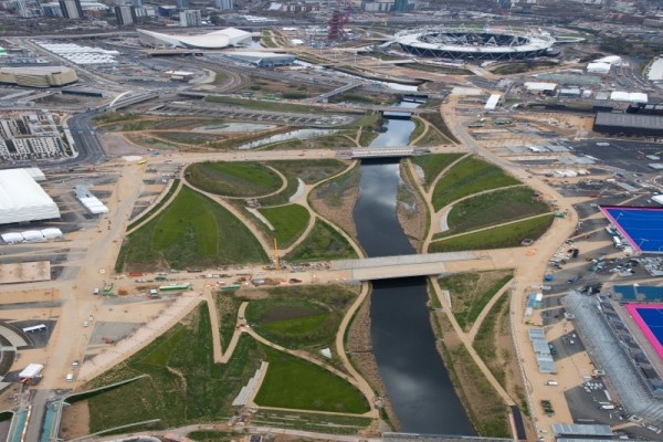 Aerial view of the River Lea through the Olympic park