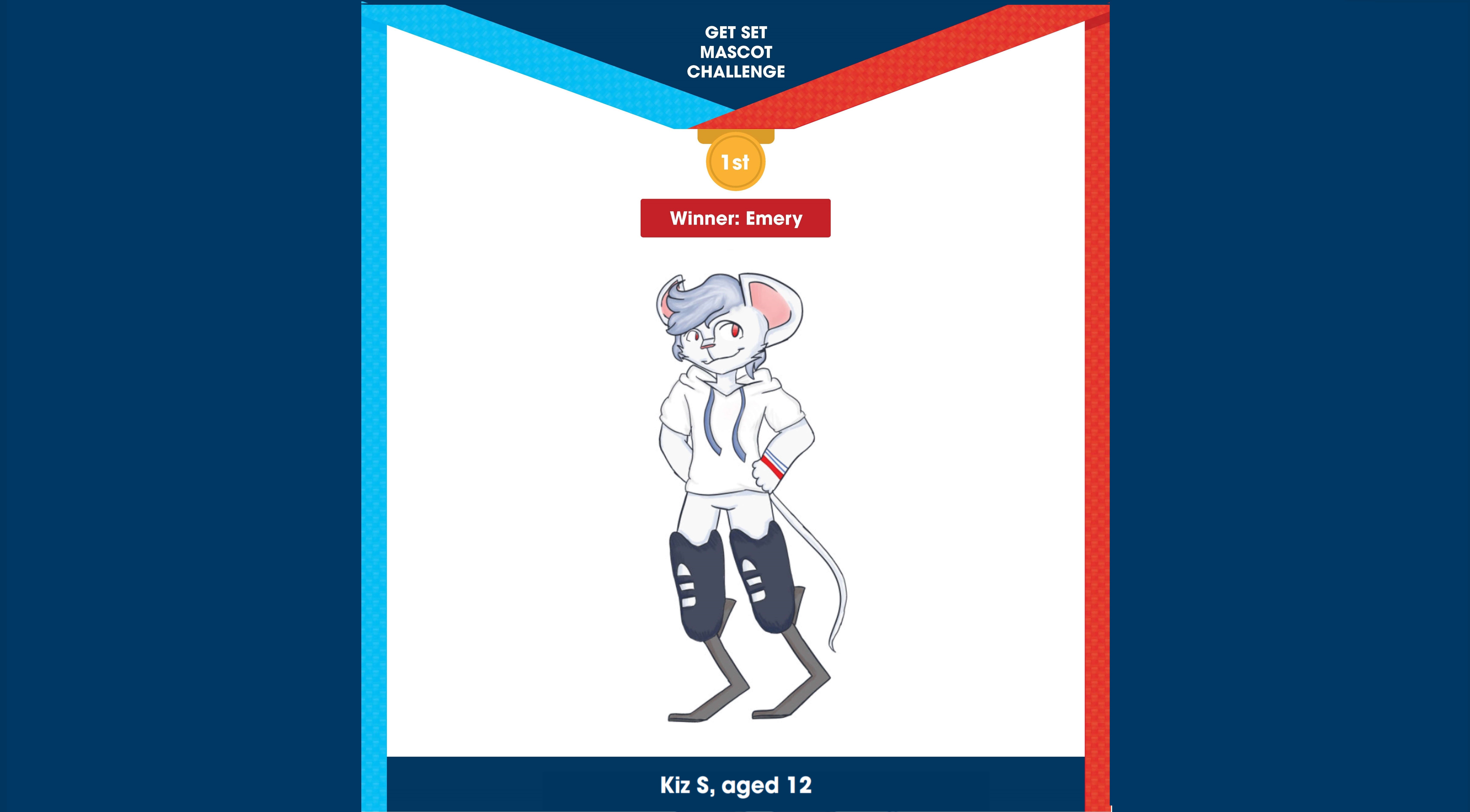 Image of the overall winning design in Get Set's Mascot Challenge. It shows a white mouse with running blades called Emery, designed by Kiz S, aged 12.